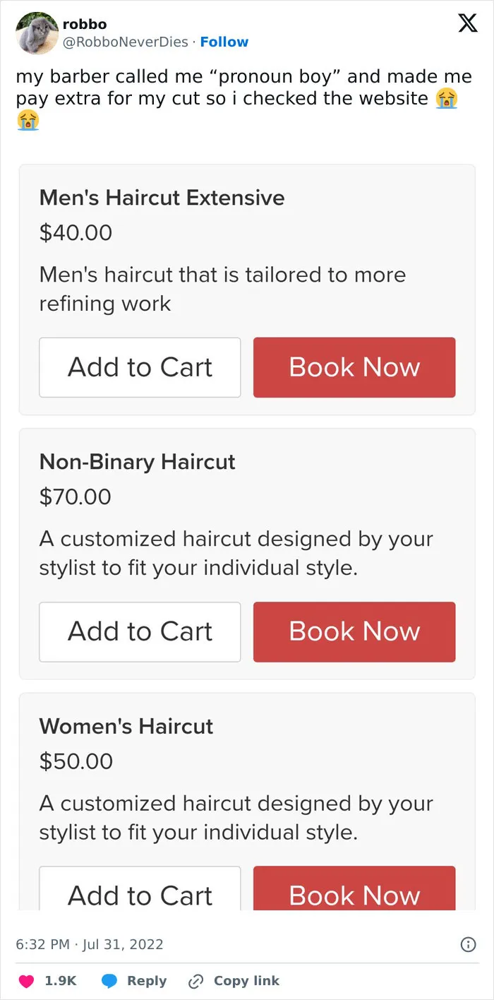 Tweet showing haircut pricing menu with non-binary option costing more, illustrating chaos and unfiltered fun memes.