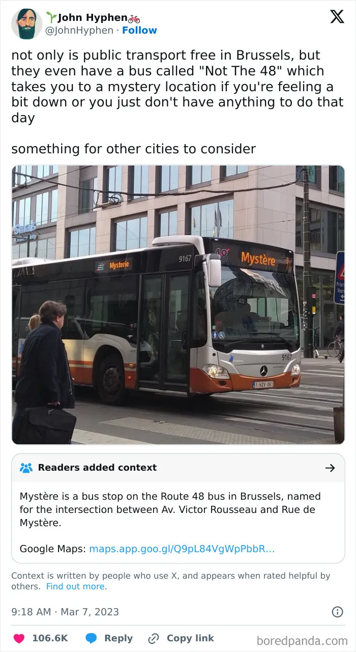 Tweet about a mystery bus in Brussels with public transport theme, fitting chaotic British memes and UK humor context.