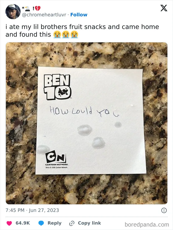 Handwritten note on Ben 10 paper saying how could you, part of entertaining posts and memes to fight boredom.