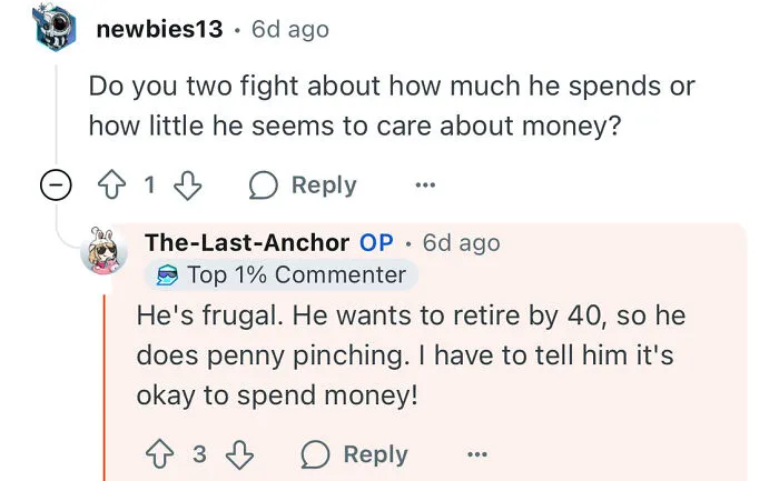Screenshot of an online conversation about a poor woman dating a rich guy discussing money habits and financial changes.