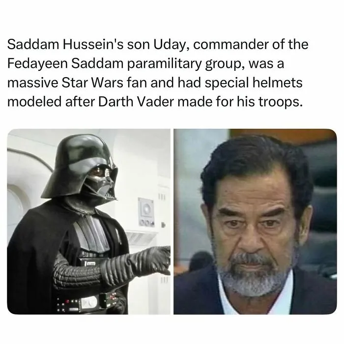 Split image showing Darth Vader in his black costume on the left and Saddam Hussein with a beard on the right, history memes.