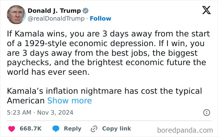 Tweet from Donald Trump predicting economic outcomes depending on the election, part of failed attempt moments compilation.