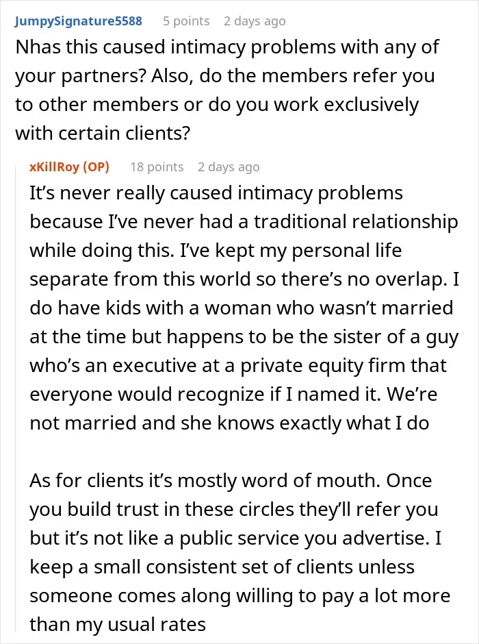 Reddit conversation showing a paid companion discussing experiences with wealthy married women and client referrals.
