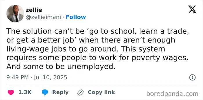 Tweet discussing lack of living-wage jobs and unemployment highlighting the boring dystopia of modern life.