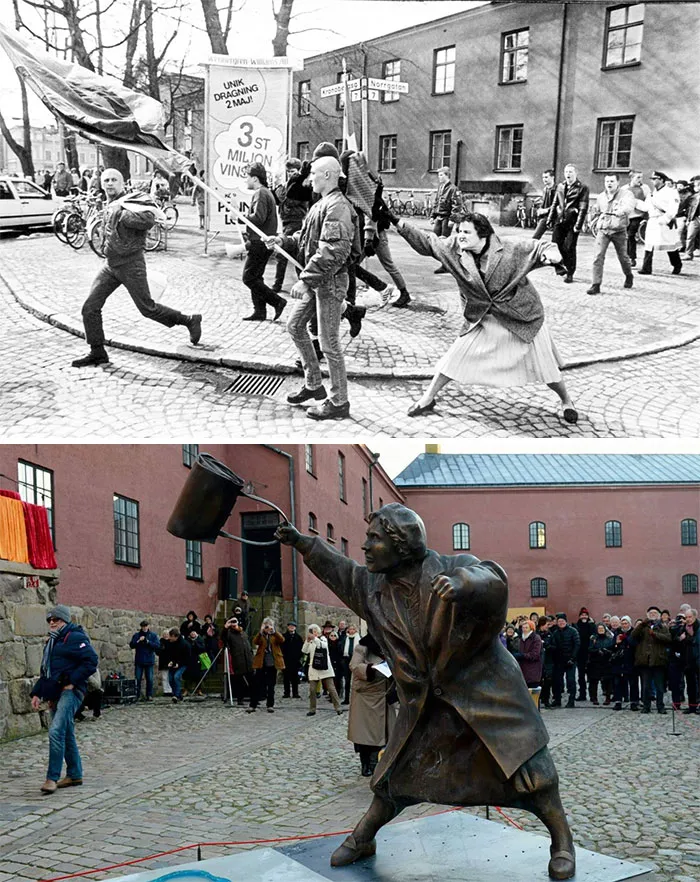 Estatua de una mujer llamada Danuta Danielsson en Suecia, que se convirtió en heroína en 1985