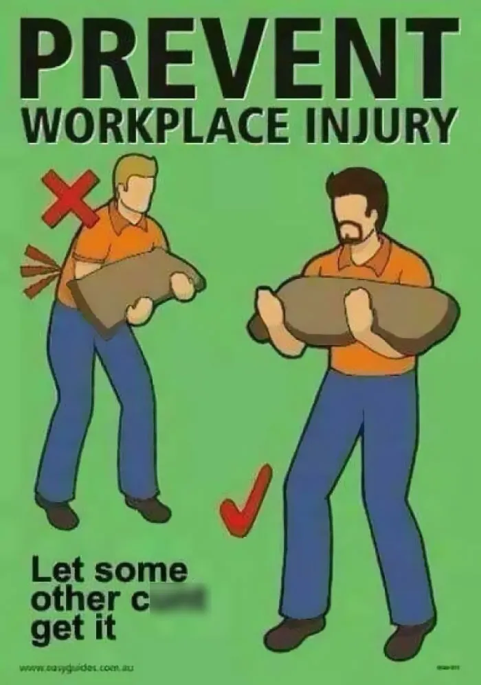 Cartoon showing workplace injury prevention with a humorous tip on handling heavy objects for funny random posts.