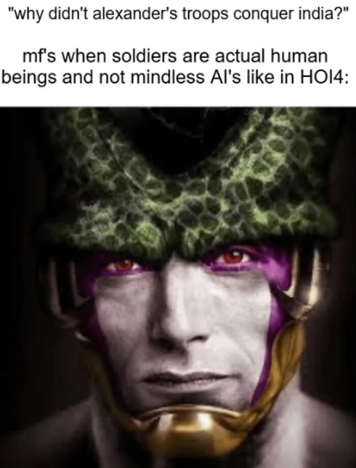 Meme humor challenging history knowledge with a fantasy soldier referencing Alexander's troops and HOI4 game AI.