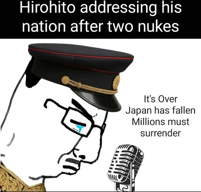 Cartoon of Hirohito in a military hat addressing Japan’s surrender, a funny meme challenging history knowledge.