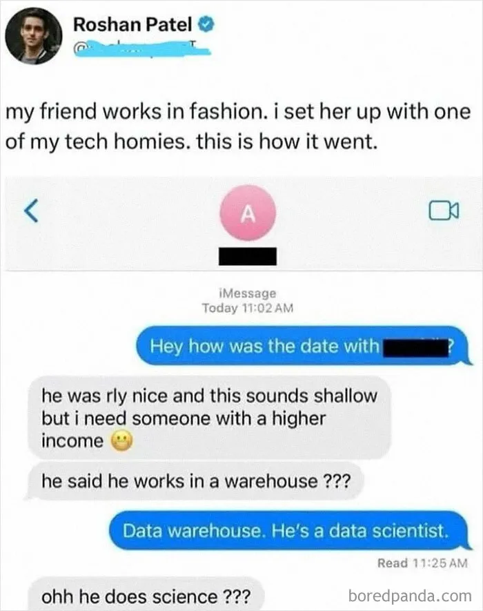 Text message exchange showing a funny misunderstanding about a date's job, highlighting chaos and laughter in random memes.