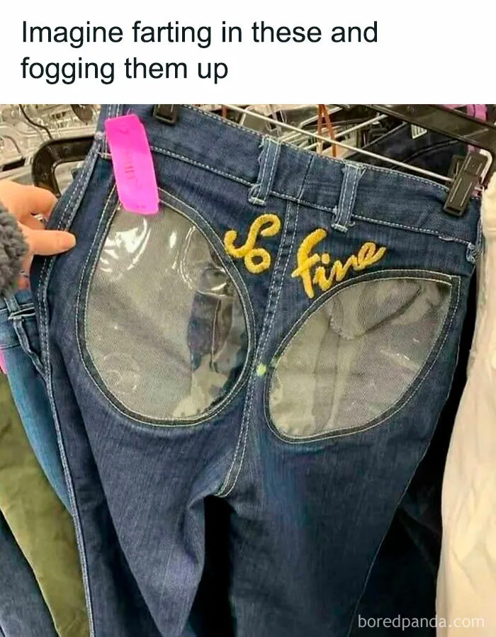 Jeans with transparent mesh back pockets and So Fine embroidery, a humorous chaotic meme from random memes collection.