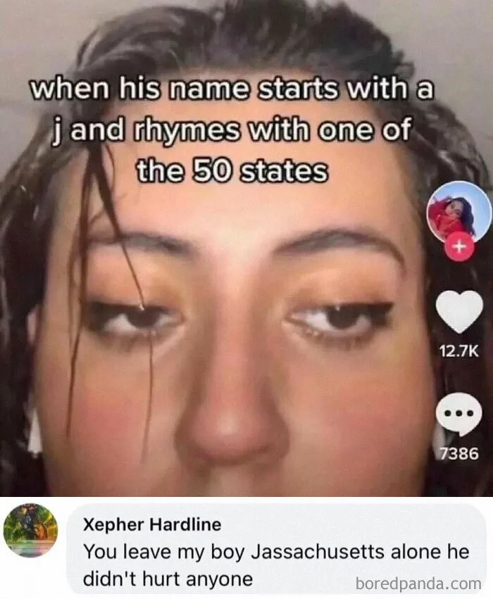Close-up of a tired woman with a humorous meme about names and states, part of random memes bringing chaos and laughter.