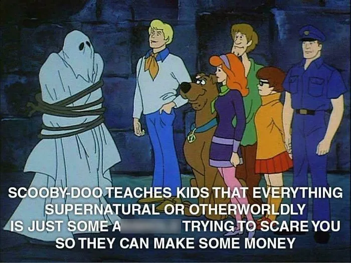 Scooby-Doo characters standing around a ghost tied up, featuring a funny random post about supernatural fears and money.