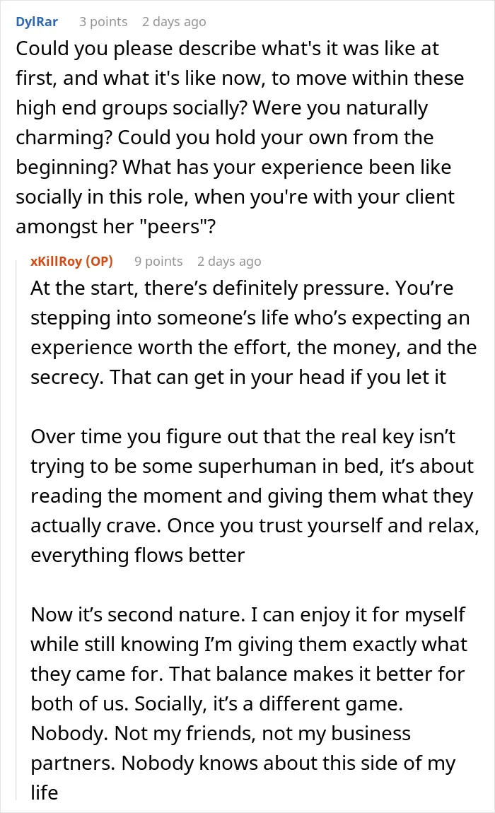 Reddit Q&A discussion with paid companion sharing social experiences with wealthy married women and high-end groups.