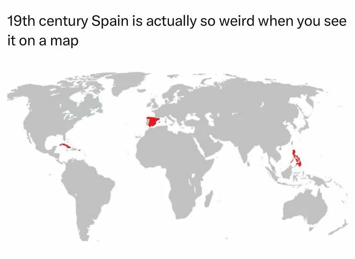 Map showing 19th century Spain with territories highlighted, illustrating a funny history meme challenging historical knowledge.