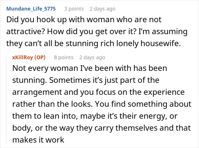 Screenshot of an online conversation about experiences with wealthy married women as a paid companion.