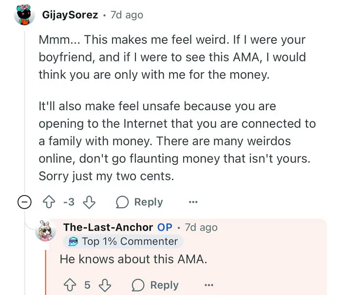 Screenshot of a Reddit conversation discussing safety concerns when a poor woman dates a rich guy and shares her experience online.