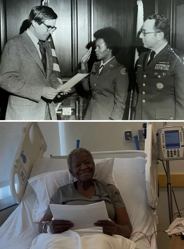 Mi mamá Linda. Antes: La primera mujer negra en completar la escuela de la Guardia Nacional del Ejército de Delaware (1977). Ahora: Leyendo tus comentarios en Reddit, 46 años después. Por fin se siente vista.