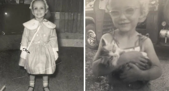 Two vintage photos showing candid glimpses into the past with a young girl in a dress and another holding a kitten.