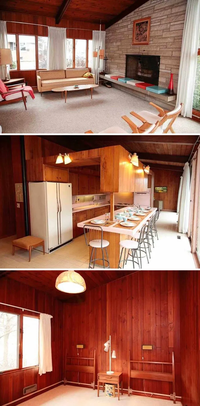 Mid-century vintage closet interiors featuring wood paneling, retro furniture, and classic kitchen and living room design.