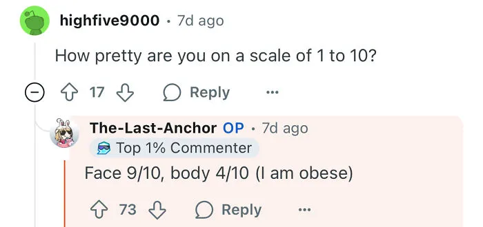 Commenter shares personal rating of attractiveness, touching on self-image amid dating a rich guy’s impact on life.