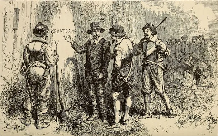 Historical illustration showing explorers discovering the word Croatoan, linked to unsolved mysteries that still baffle people.