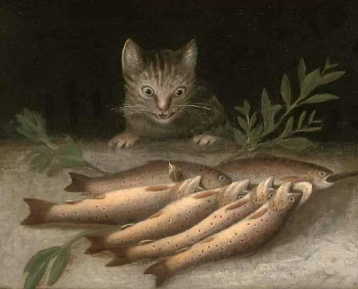 Gato pintado en estilo clásico observando pescado, imagen adorable de gatos a través de la historia mostrando protagonismo.