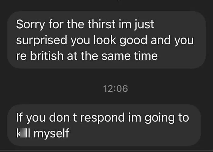 Screenshot of a cringy message from a man hitting on a woman with desperate and awkward lines.