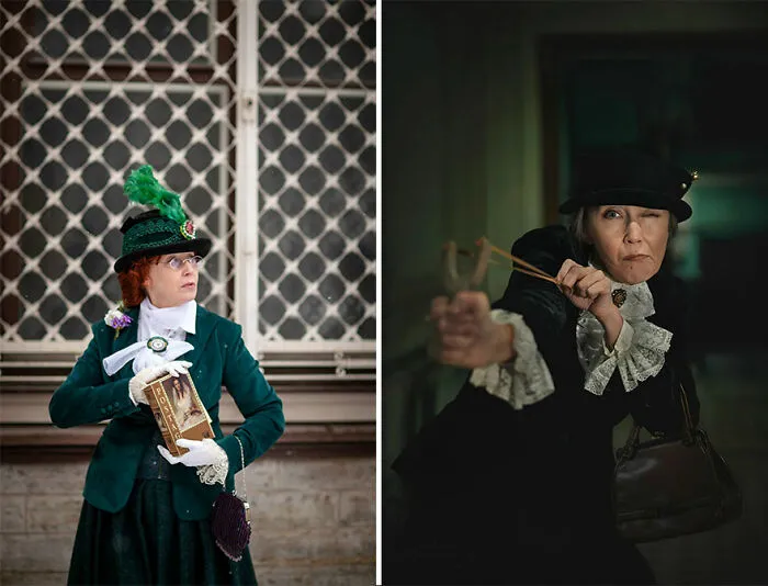 Woman in two incredible historical cosplays, one holding a book and the other aiming a slingshot indoors.