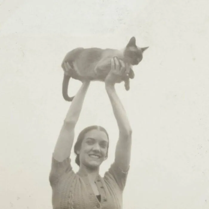 Mujer sonriente levantando un gato, imagen histórica mostrando adorables imágenes de gatos como protagonistas.