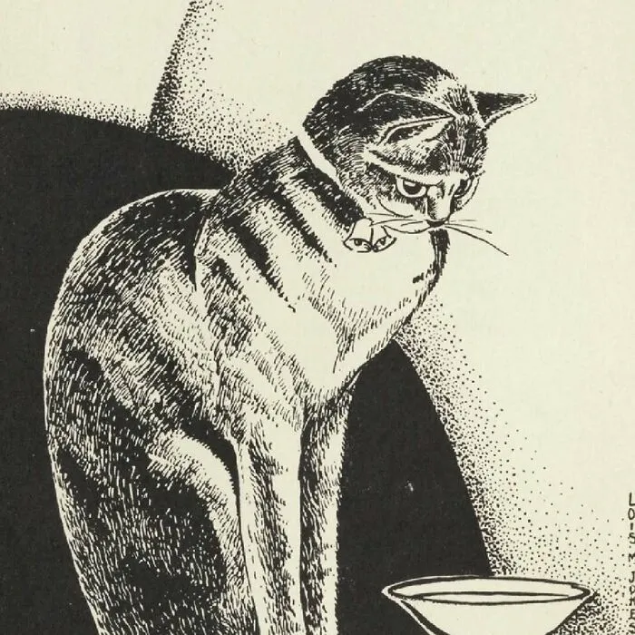 Gato con collar observando un recipiente, ilustración vintage que muestra imágenes de gatos adorables a lo largo de la historia.
