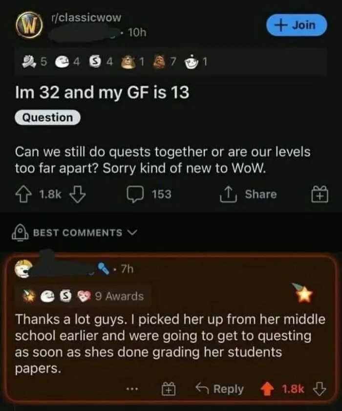 Reddit WoW post with humorous comments about questing levels, showcasing random memes that bring chaos and laughter.