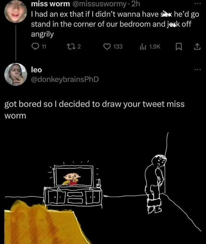 A chaotic and funny meme featuring a tweet about an ex and a humorous drawing depicting the scenario with laughter.