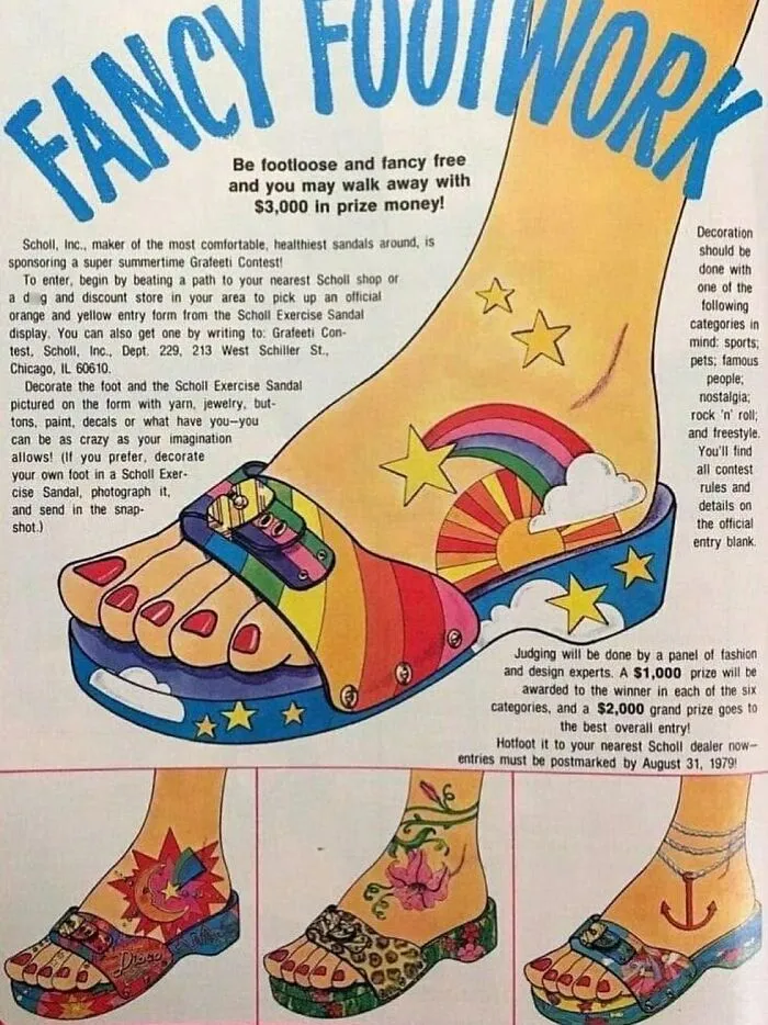 Vintage colorful sandals foot art in a nostalgic style evoking June Cleavers vintage closet era fashion trends.