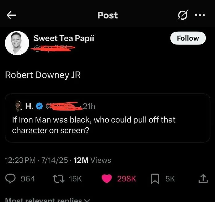 Random meme text on social media about casting Iron Man as a black character sparking fun and chaos.