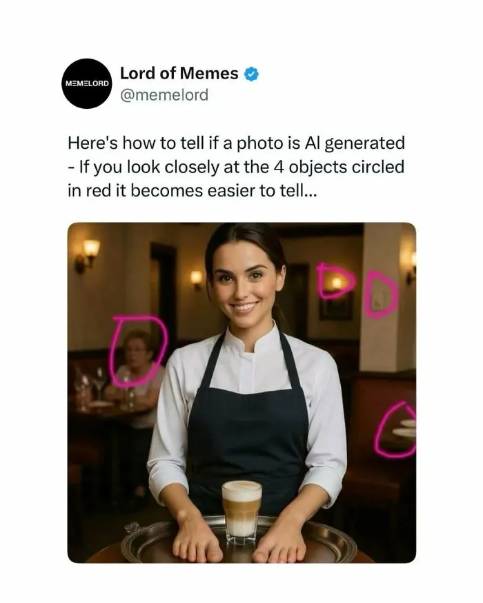 Twitter post from Lord of Memes explaining how to spot AI-generated photos with red circles highlighting objects, a waitress smiling.