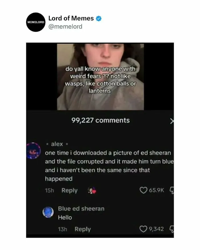 Social media meme about weird fears, featuring humorous comments that can break your doomscrolling cycle.
