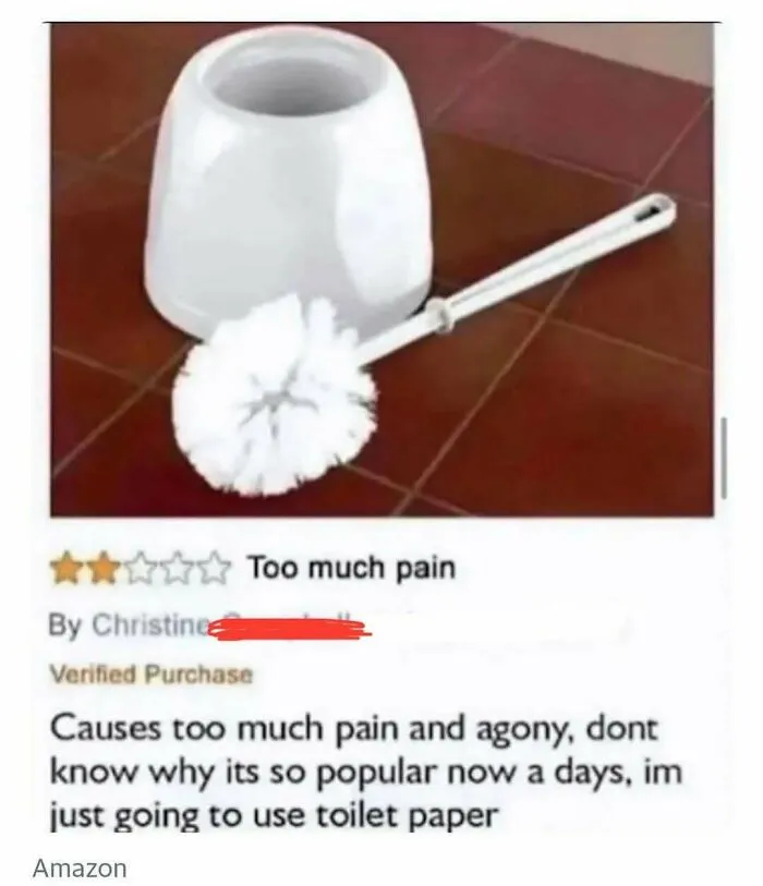 Toilet brush with negative review causing chaos and laughter in random memes for unfiltered fun and humor.