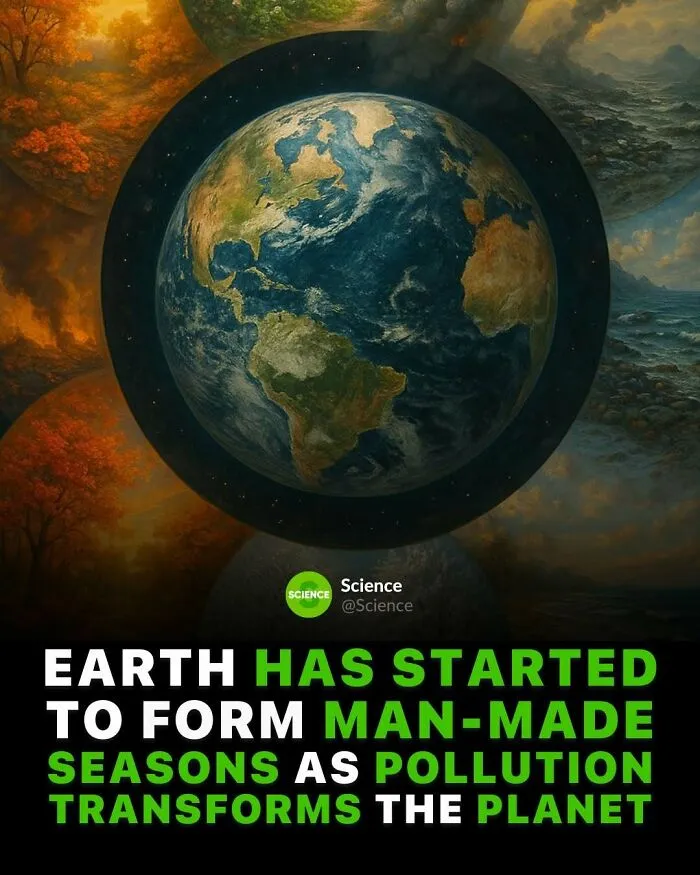 Earth surrounded by seasonal changes illustration highlighting man-made pollution transforming the planet’s environment.