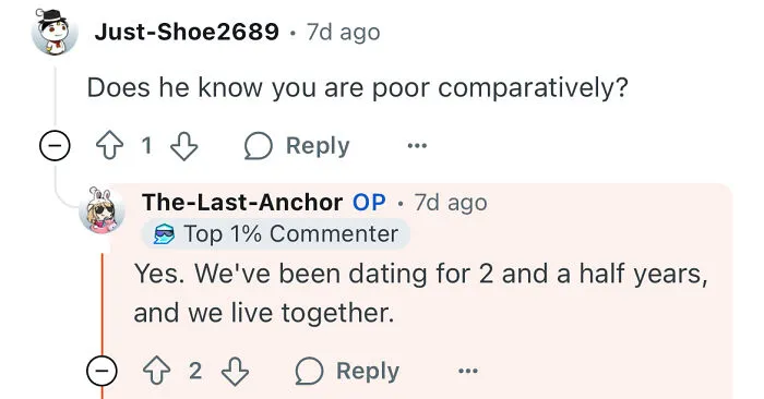 Reddit conversation about a poor woman dating a rich guy and how their relationship has evolved over two and a half years.