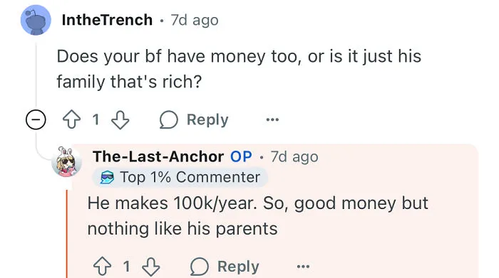 Screenshot of an online conversation discussing a poor woman dating a rich guy and how that changed her life.