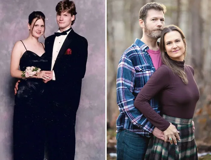 Then-and-now nostalgic photo of a couple showcasing how time flies with a formal prom picture and a recent outdoor portrait.