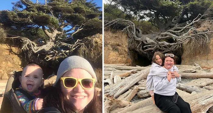 Side-by-side then-and-now photos of a mother and child showcasing nostalgic moments under a large tree by the beach.