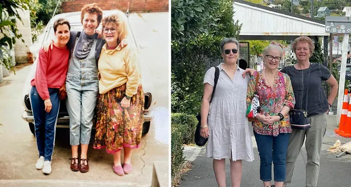 Three women posing in a then-and-now nostalgic photo showing how time flies over the years.