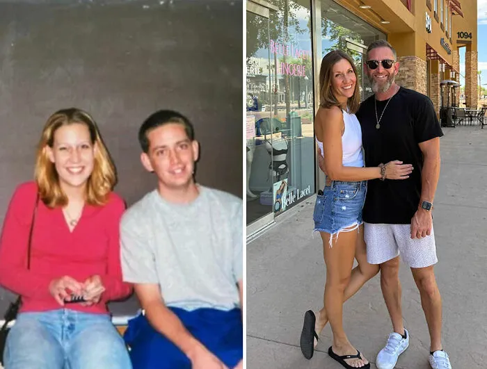 Side-by-side nostalgic then-and-now photos of a couple showcasing how time flies and changes in appearance.