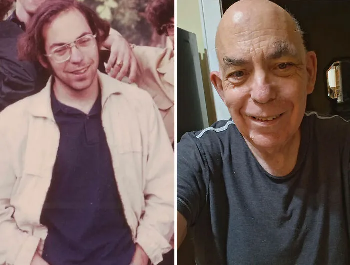 Then-and-now nostalgic photos showing how time flies with side-by-side images of a man from youth to older age.