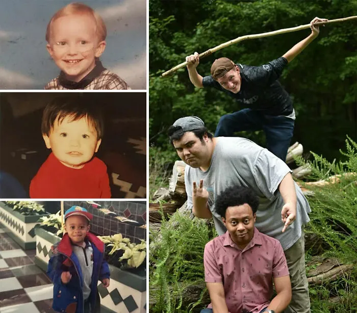 Then-and-now photos showing nostalgic childhood moments and grown-up friends in outdoor playful setting, illustrating how time flies.