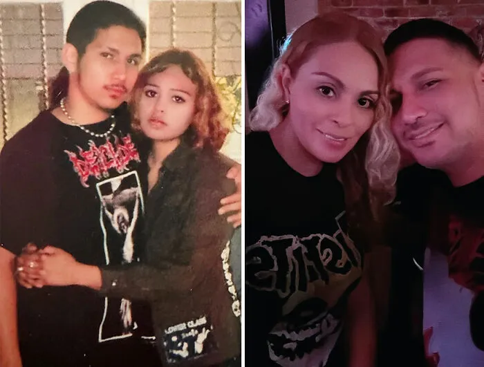 Side-by-side nostalgic then-and-now photos of a couple showcasing how time flies and memories change.