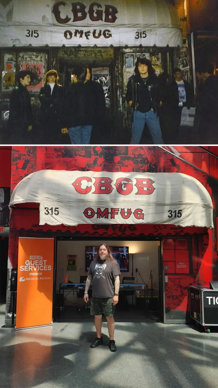 Then-and-now photos of CBGB venue showing nostalgic changes over time, capturing how time flies in this iconic location.