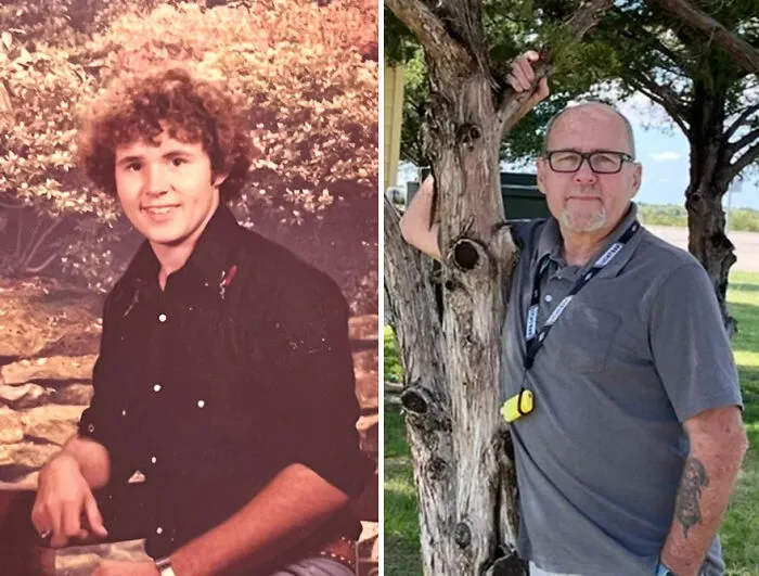 Side-by-side nostalgic then-and-now photos of a man showcasing how time flies with age and style changes.