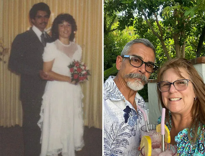 Side-by-side then-and-now nostalgic photo of a couple showing how time flies with aging and changes in style.